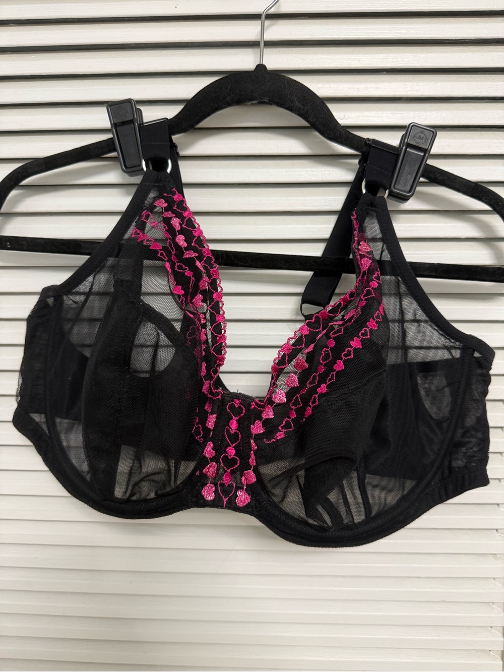 Elomi Black Sheer Underwire Bra with Fuchsia Heart Embroidery